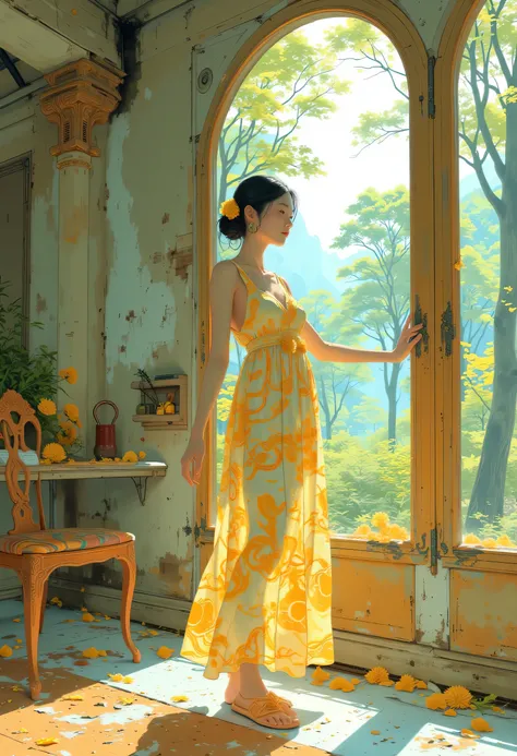 This illustration depicts the upper body of an Asian woman standing by a large window surrounded by lush trees. (Anatomically perfect and beautiful face: 3), (Anatomically perfect and accurate body: 3), (Anatomically perfect and accurate fingers, hands, ar...