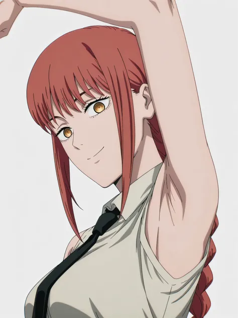 masterpiece, best quality, amazing quality, anime screencap, anime coloring, 1girl, solo, makima_(chainsaw_man), chainsaw_man, red hair, long hair, braided ponytail, sidelocks, yellow eyes, ringed eyes, medium breasts, black necktie, white collared shirt, ...