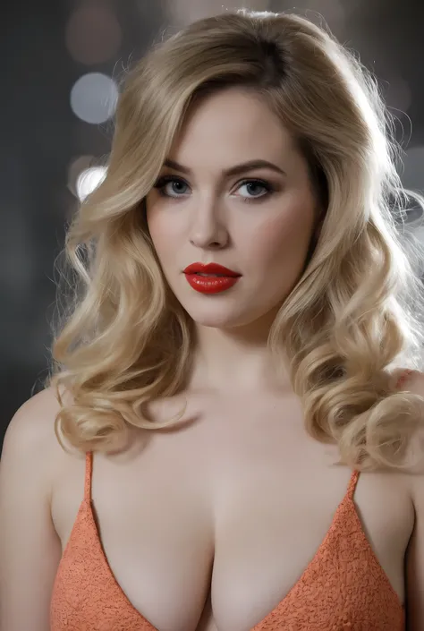 The close-up of the boobs of a very beautiful and busty woman with wavy blond hair. Low cut peach dress, Deep red lips. 60's style hairstyle and makeup. Professional movie grain, bokeh.