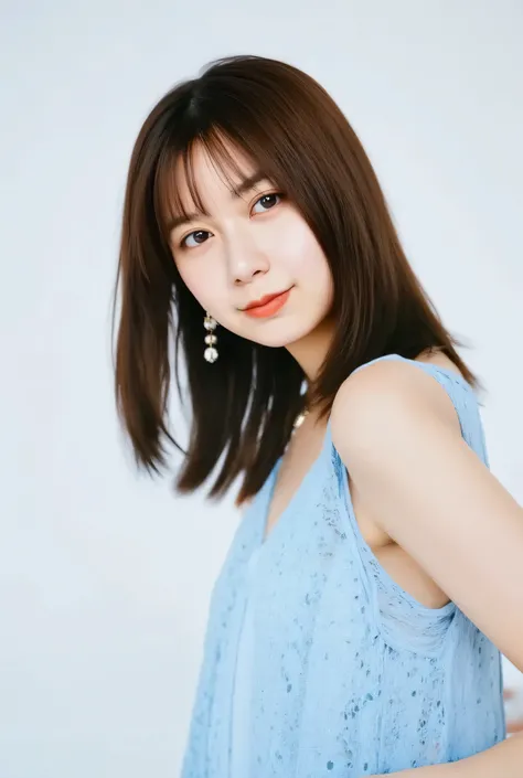 Facial close-up, a sharp focus 35mm photo of a young Asian woman named Gakki. She has a fair complexion and straight, semi-long bob brown hair with bangs framing her face. Her facial features are delicate, with a small nose, full lips, and large, dark eyes...