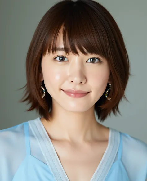 Facial close-up, a sharp focus 35mm photo of a young Asian woman named Gakki. She has a fair complexion and straight, semi-long bob brown hair with bangs framing her face. Her facial features are delicate, with a small nose, full lips, and large, dark eyes...