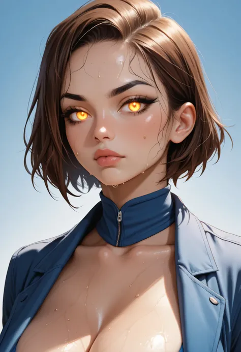 perfect face, face, short hair, brown hair, (forehead:1.1), black eyebrows, thin eyebrows, glowing golden eyes, black eyeliners, nose, thick lips, beautiful woman, big boob, ((blue cami top)), looking at viewer, (sweat:1.3)