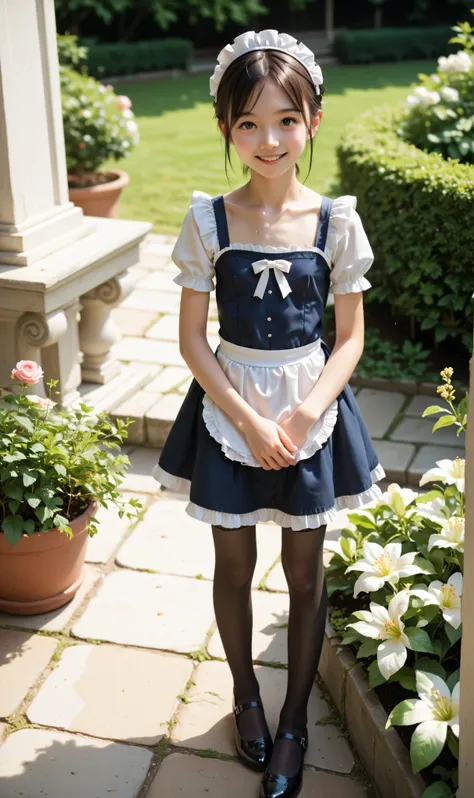 (Biological Corpse Factory)、maids,Look at the audience,(skinny:1.04),(younger:0.97),from above,(medium breasts:0.62),に付けたblack lace stockings,lean forward,Japanese,(Smile Yang:0.84),black lace stockings