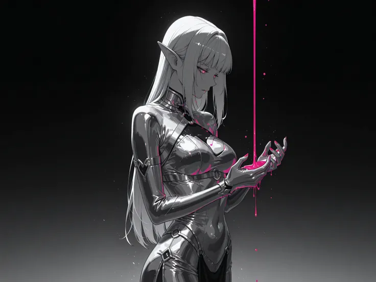 long hair,elf,kk_sexydress_jewelry,Sinozick_illu,gradient,spot color,liquid metal