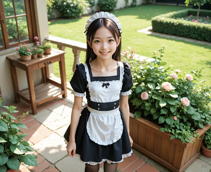 (Biological Corpse Factory)、maids,Look at the audience,(skinny:1.04),(younger:0.97),from above,(medium breasts:0.62),に付けたblack lace stockings,lean forward,Japanese,(Smile Yang:0.84),black lace stockings