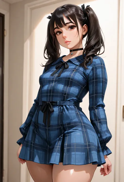 Perfect Face, Perfect Body, Long Black Hair Tied In Pigtails With Black Ribbons, Black Thin Eyebrows, Dark Brown Eyes, Nose, Lips Without Makeup, Black Choker, (Small Breasts, Perfect Breasts), (Orphan Blue Plaid Dress Adults, Long Sleeves), Standing, (Thi...