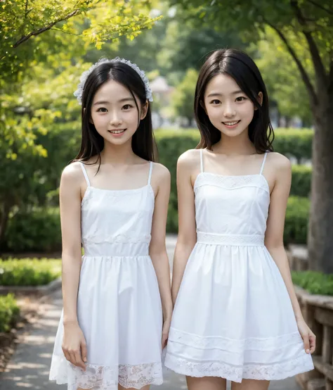 2 cute girls,((Highest Quality)),park where the nipples are almost visible,((Photo Quality)),(Slim:1.5),(detail),Tiny Chest,、 thin shoulders,perfect face,Tank Dress ,ruffle dress,(skinny:1.3),(smile:0.5)
