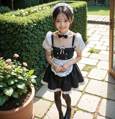 (Biological Corpse Factory)、maids,Look at the audience,(skinny:1.04),(younger:0.97),from above,(medium breasts:0.62),に付けたblack lace stockings,lean forward,Japanese,(Smile Yang:0.84),black lace stockings