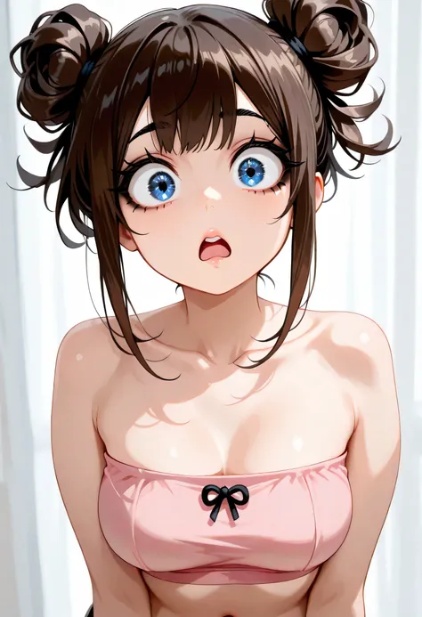 Perfect Face, ((Dark Brown Hair, Bun Knot Top Hair)), Black Eyebrows, Thin Eyebrows, Blue Eyes, Big Eyes, Black Eyelashes, Black Eyeshadows, Black Eyeliners, Normal Lips, ((Shocked)), Collarbone, Medium Breasts, (Pink Bra Tube Top), Navel, Looking At Viewe...