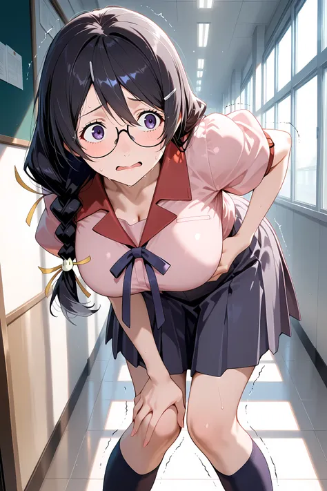 hanekawa tsubasa,glasses,braid,puffy sleeves,hair ornament,skirt,pink shirt,long hair,black hair,purple eyes,kneehighs, ,Solo, General, masterpiece, highres, ultra-detailed, hyper-detailed, best quality,  amazing quality, very aesthetic, best hands, best e...