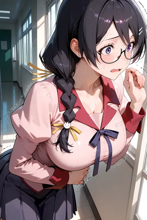 hanekawa tsubasa,glasses,braid,puffy sleeves, long sleeves, hair ornament,skirt,pink shirt,long hair,black hair,purple eyes,
upper body close up, Solo, General, masterpiece, highres, ultra-detailed, hyper-detailed, best quality,  amazing quality, very aest...