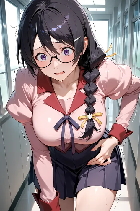 hanekawa tsubasa,glasses,braid,puffy sleeves, long sleeves, hair ornament,skirt,pink shirt,long hair,black hair,purple eyes,
upper body close up, Solo, General, masterpiece, highres, ultra-detailed, hyper-detailed, best quality,  amazing quality, very aest...