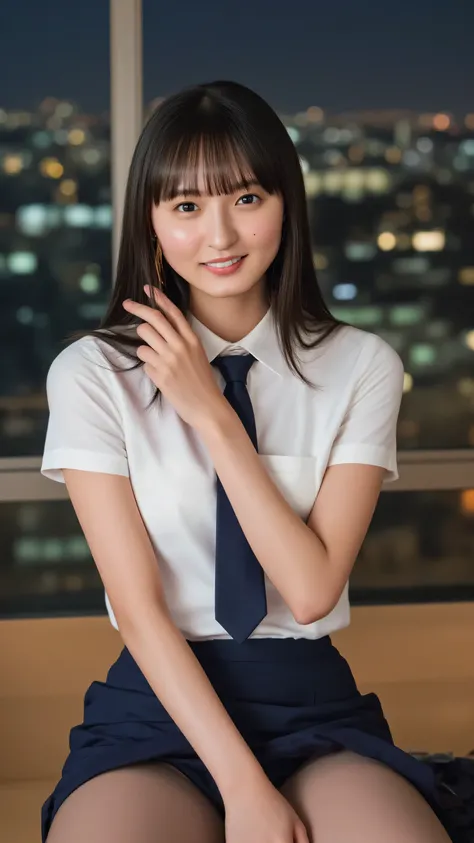 masterpiece、最High Quality:1.4、 more details :1.4、Cinematic Lighting、sexy and beautiful Japanese woman、uniform、wearing a white short-sleeved shirt、navy blue tie that pierces your crotch、dark blue pencil skirt、super realistic pantyhose、shiny pantyhose、luxury...