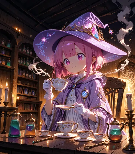 High Quality, masterpiece, super definition, one young witch, pink bob hair, Purple witch hat, Purple Knee-High Robe, white lace gloves, Holding a Teacup, black tea in a cup, Sprinkle rainbow-colored powder on the teacup with one hand, on the left and righ...