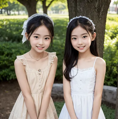 2 cute girls,((Highest Quality)),park where the nipples are almost visible,((Photo Quality)),(Slim:1.5),(detail),Tiny Chest,、 thin shoulders,perfect face,Tank Dress ,ruffle dress,(skinny:1.3),(smile:0.5)
