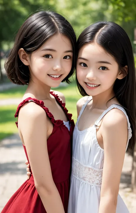 2 cute girls,((Highest Quality)),park where the nipples are almost visible,((Photo Quality)),(Slim:1.5),(detail),Tiny Chest,、 thin shoulders,perfect face,Tank Dress ,ruffle dress,(skinny:1.3),(smile:0.5)