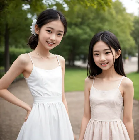 2 cute girls,((Highest Quality)),park where the nipples are almost visible,((Photo Quality)),(Slim:1.5),(detail),Tiny Chest,、 thin shoulders,perfect face,Tank Dress ,ruffle dress,(skinny:1.3),(smile:0.5)