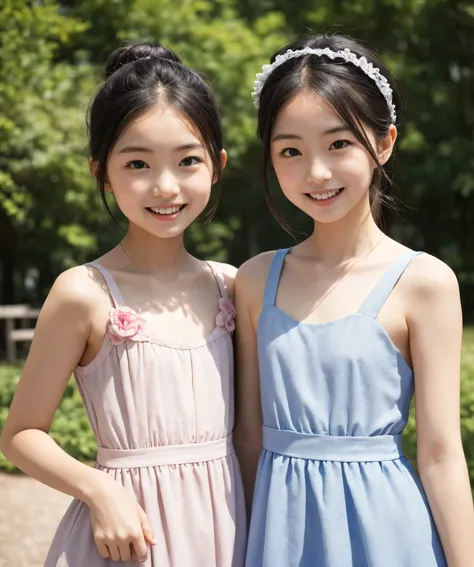 2 cute girls,((Highest Quality)),park where the nipples are almost visible,((Photo Quality)),(Slim:1.5),(detail),Tiny Chest,、 thin shoulders,perfect face,Tank Dress ,ruffle dress,(skinny:1.3),(smile:0.5)