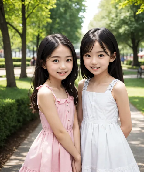 2 cute girls,((Highest Quality)),park where the nipples are almost visible,((Photo Quality)),(Slim:1.5),(detail),Tiny Chest,、 thin shoulders,perfect face,Tank Dress ,ruffle dress,(skinny:1.3),(smile:0.5)