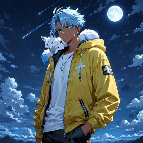 masterpiece , best quality , 1male , male focus , masculine , dark skin , solo , short wavy spiked hair with ahoge , medium length in the back , aegean blue hair , relaxed vibrant aegean blue eyes , hooded black and yellow jacket , white undershirt , black...