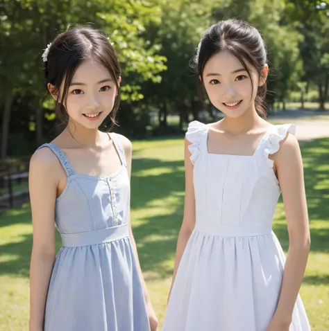 2 cute girls,((Highest Quality)),park where the nipples are almost visible,((Photo Quality)),(Slim:1.5),(detail),Tiny Chest,、 thin shoulders,perfect face,Tank Dress ,ruffle dress,(skinny:1.3),(smile:0.5)