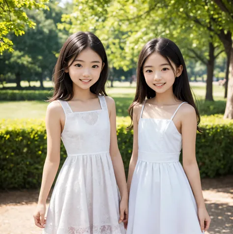 2 cute girls,((Highest Quality)),park where the nipples are almost visible,((Photo Quality)),(Slim:1.5),(detail),Tiny Chest,、 thin shoulders,perfect face,Tank Dress ,ruffle dress,(skinny:1.3),(smile:0.5)