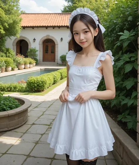 (Biological Corpse Factory)、maids,Look at the audience,(skinny:1.04),(younger:1.22),(braids:0.3),(Bang Hair:0.3),(twin tail:0.3),(ponytail from the front:0.3),(long hair:0.3),(BIG BREASTS:0.92),に付けたblack lace stockings,lean forward,Japanese,(smile:0.74),bl...