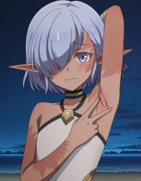 cariaerful, dark elf, dark-skinned female, short hair,  blue hair, hair over one eye, blue eyes, pointy ears, bandaged arm, black choker, burn on face, burnt arm, flat chest, white top, halterneck, sleeveless, black shorts, anime screencap, high quality, s...