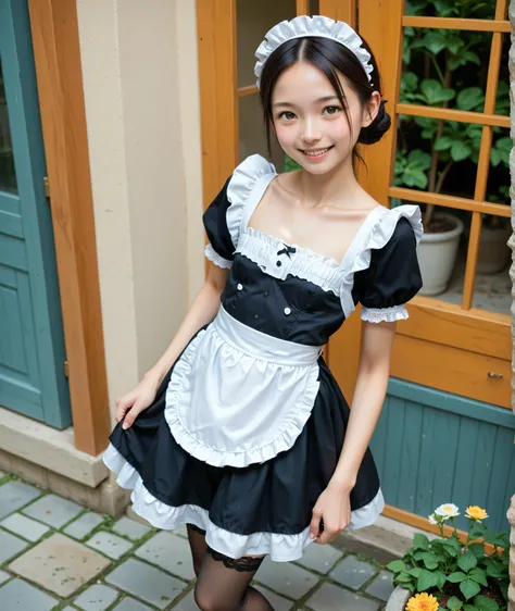 (Biological Corpse Factory)、maids,Look at the audience,(skinny:1.04),(younger:0.97),from above,(medium breasts:0.62),に付けたblack lace stockings,lean forward,Japanese,(Smile Yang:0.84),black lace stockings