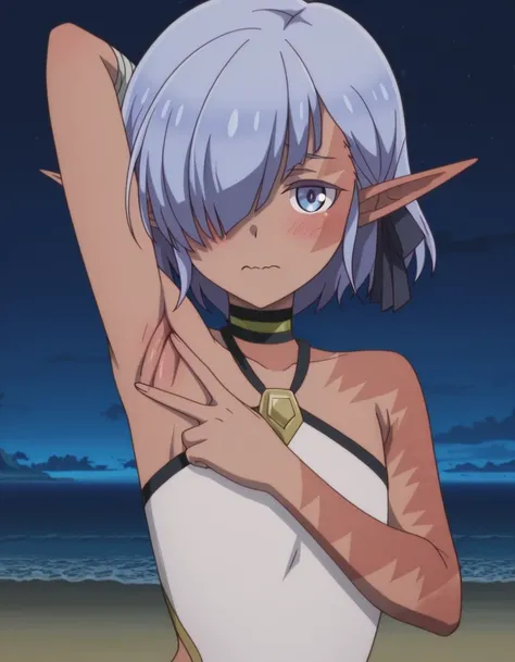 cariaerful, dark elf, dark-skinned female, short hair,  blue hair, hair over one eye, blue eyes, pointy ears, bandaged arm, black choker, burn on face, burnt arm, flat chest, white top, halterneck, sleeveless, black shorts, anime screencap, high quality, s...