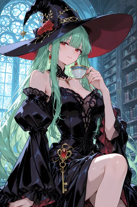 anime key visual, masterpiece, best quality, 1girl, an elegant witch in a velvet gown and a dramatic wide hat, acting as an emotion sommelier. In a library of glowing vials, she adds a drop of captured sorrow to a teacup, causing a ghostly memory to rise. ...