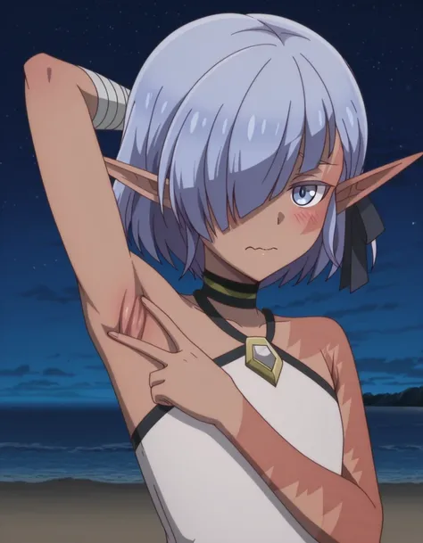 cariaerful, dark elf, dark-skinned female, short hair,  blue hair, hair over one eye, blue eyes, pointy ears, bandaged arm, black choker, burn on face, burnt arm, flat chest, white top, halterneck, sleeveless, black shorts, anime screencap, high quality, s...
