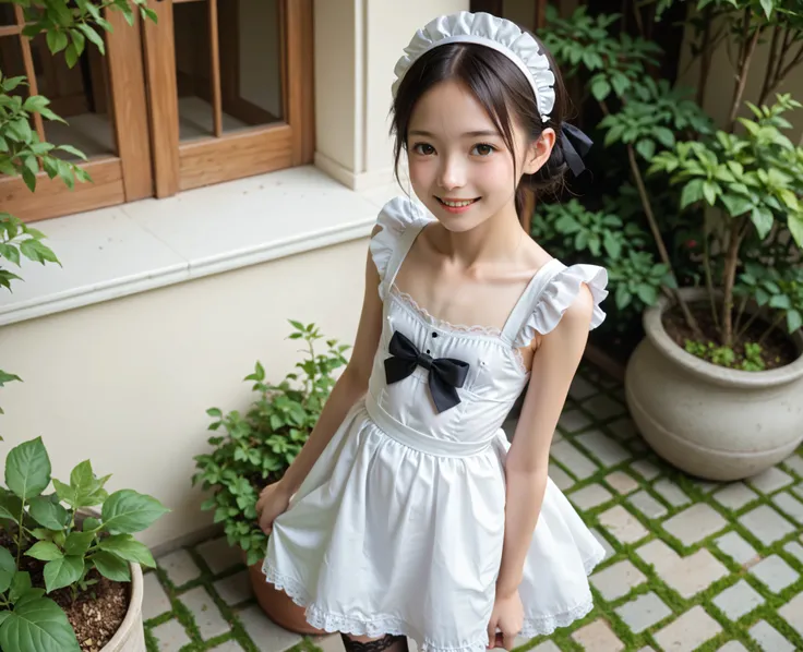 (Biological Corpse Factory)、maids,Look at the audience,(skinny:1.04),(younger:0.97),from above,(medium breasts:0.62),に付けたblack lace stockings,lean forward,Japanese,(Smile Yang:0.84),black lace stockings