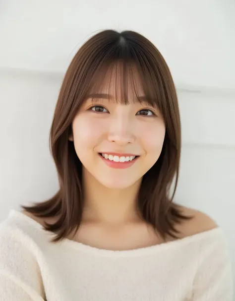 Raw photo, reality, ((staring)), ((focus on face)), ((close-up)), front view, Japanese woman, smiling in the sun, ((brown hair color, medium-long hair, hairstyle)), off-the-shoulder, beautiful collarbone, unedited, live action, authentic, cute young girl, ...
