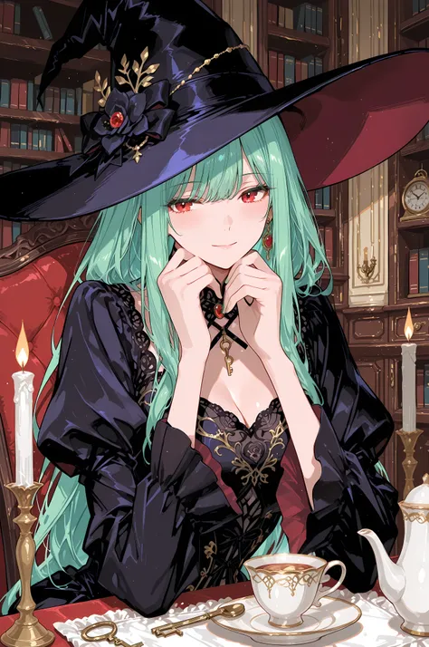 anime key visual, masterpiece, best quality, 1girl, an elegant witch in a velvet gown and a dramatic wide hat, acting as an emotion sommelier. In a library of glowing vials, she adds a drop of captured sorrow to a teacup, causing a ghostly memory to rise. ...