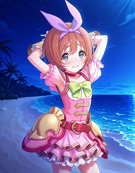 pcrkrmi, short hair, brown hair, hairband, hair ribbon, blue eyes, pkrmdef, purple ribbon, short sleeves, pink dress, white shirt, green bowtie, red choker, red belt, hip armor, white gloves, white skirt, layered skirt, anime screencap, high quality, solo,...