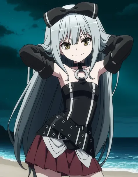 sora, long hair, bow, yellow eyes, hair bow, grey hair, black bow, anime screencap,
skirt, bare shoulders, detached sleeves, choker, belt, red skirt, black dress, o-ring, high quality, closed mouth, solo, cowboy shot, night sky, beach, hands behind head, (...