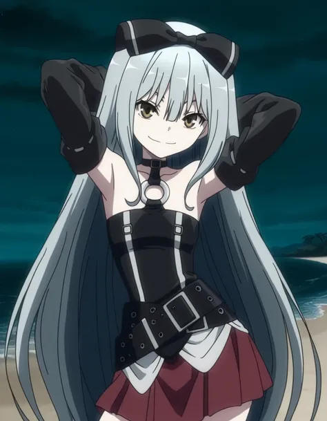 sora, long hair, bow, yellow eyes, hair bow, grey hair, black bow, anime screencap,
skirt, bare shoulders, detached sleeves, choker, belt, red skirt, black dress, o-ring, high quality, closed mouth, solo, cowboy shot, night sky, beach, hands behind head, (...