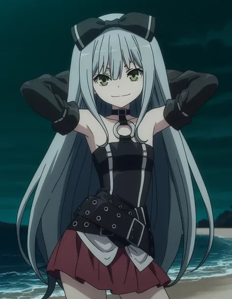 sora, long hair, bow, yellow eyes, hair bow, grey hair, black bow, anime screencap,
skirt, bare shoulders, detached sleeves, choker, belt, red skirt, black dress, o-ring, high quality, closed mouth, solo, cowboy shot, night sky, beach, hands behind head, (...