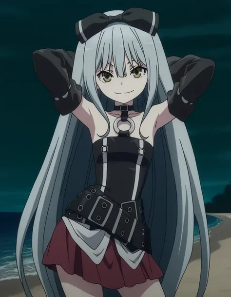 sora, long hair, bow, yellow eyes, hair bow, grey hair, black bow, anime screencap,
skirt, bare shoulders, detached sleeves, choker, belt, red skirt, black dress, o-ring, high quality, closed mouth, solo, cowboy shot, night sky, beach, hands behind head, (...