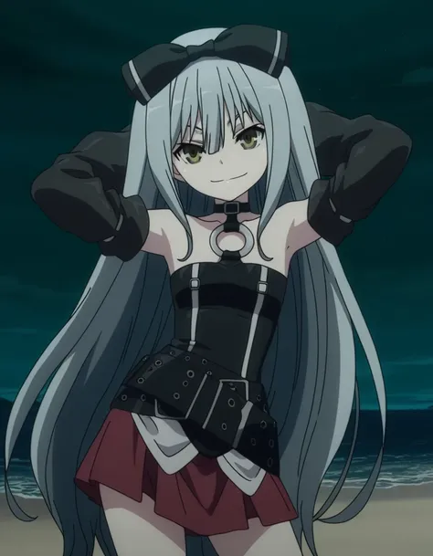 sora, long hair, bow, yellow eyes, hair bow, grey hair, black bow, anime screencap,
skirt, bare shoulders, detached sleeves, choker, belt, red skirt, black dress, o-ring, high quality, closed mouth, solo, cowboy shot, night sky, beach, hands behind head, (...