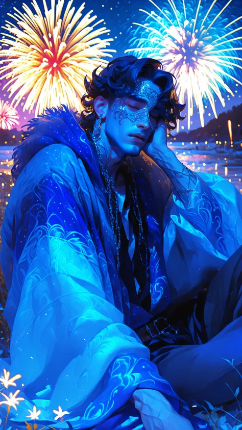 1boy, ((detailed face)), lazypos, lazyneg, Appearance: A tall, willowy man draped in layered robes that shimmer between dusk-blue and pale silver, as if woven from smoke and starlight, forest back ground with stars and fireworks