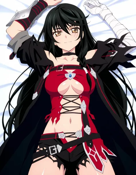 Velvet Crowe (character), 1girl, solo, black hair, long hair, golden-brown eyes, medium breasts, bandages, choker, bandaged arm, breasts, long hair, torn clothes, navel, underboob, black choker, shorts, anime screencap, shiny skin, high quality, solo, lyin...