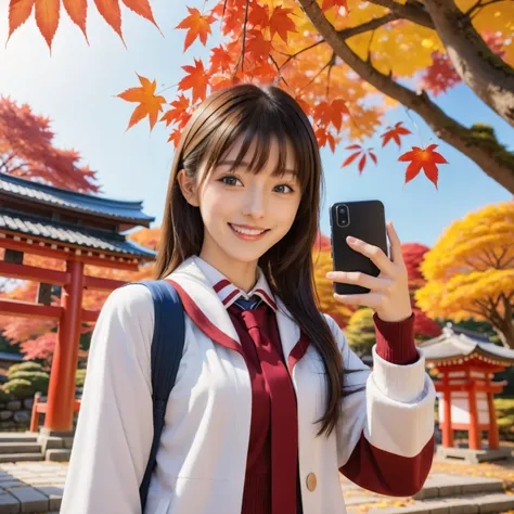 A cheerful high school girl enjoying autumn at a Japanese shrine , standing under colorful red maple trees , holding her smartphone to take a selfie , soft smile , casual school uniform , full body , anime style , detailed background , bright warm colors ,...