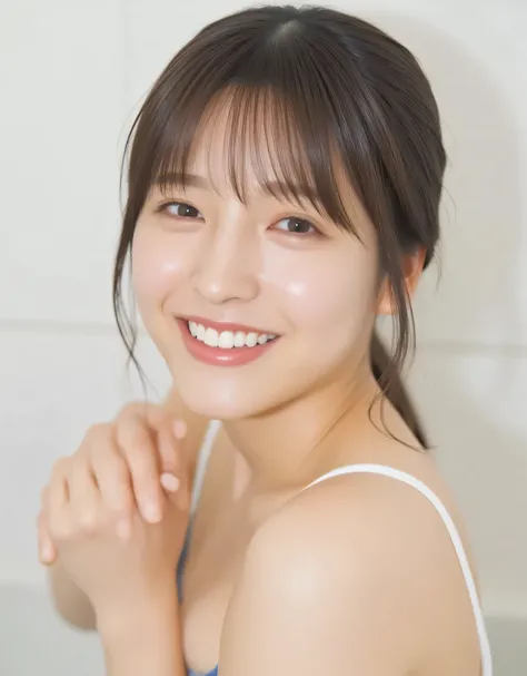 Raw photo, reality, ((staring)), (((taking a shower: 1.7))), shower room, ((wet hair: 1.6)), ((wet body: 1.7)), front view, Japanese woman, ((brown hair color, medium-long hair, hairstyle)), ((string bikini: 1.7)), beautiful collarbone, unedited, ((waist-u...