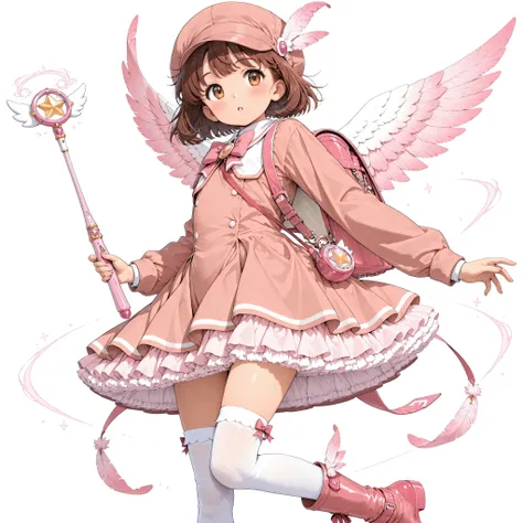 Masterpiece, Super Resolution, 1girl, Solo, Elementary school girl, Short hair, Large pink newsboy cap, Feather accent, Pink frilly dress, Magical girl costume, White knee-high socks, Pink boots, Feather accent, Cute magic wand, white background