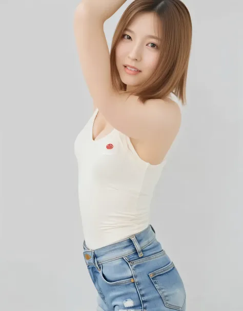 nsfw, masterpiece, best quality, highest resolution, high resolution, authentic, RAW photo, 8k, solo, (girl), ((brown hair color, short bob hair, hairstyle)), ((ivory white slim tank top with logo: 1.5)), ((micro-distressed denim shorts: 1.5)), (crow's fee...