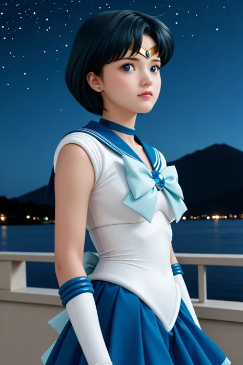score_9, score_8_up, score_7_up , perfect anatomy、 high quality, accurate, best image quality , 1girl, solo, sailor mercury, Ami Mizuno, japanese, blue skirt, sailor suit, night sky