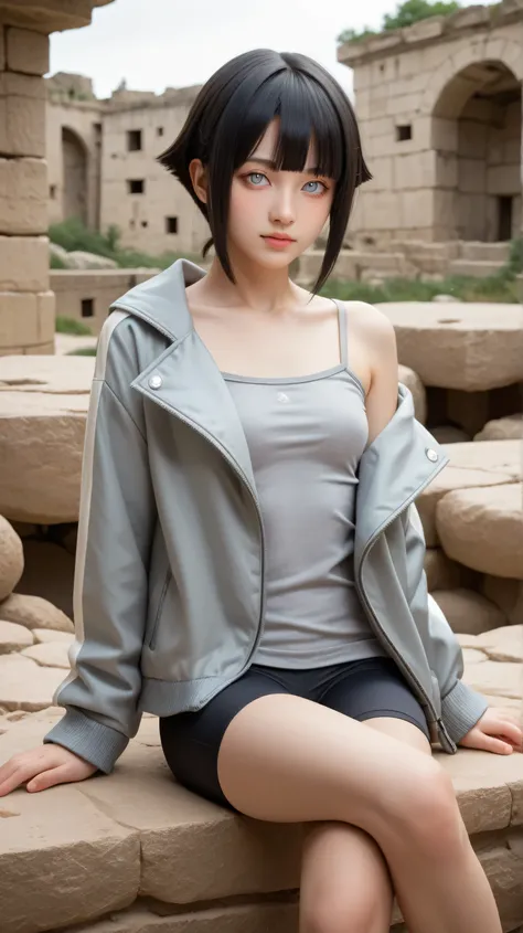 1girl, solo,hinata,(light grey eyes:1.5),black hair,short hair,outdoors,potrait,ruins,small breast,(sitting on boulders:1.4), bare shoulders,front view,blunt bangs,no puppils,(jacket:1.4),cave background,torches light,outdoor,bike shorts,close up