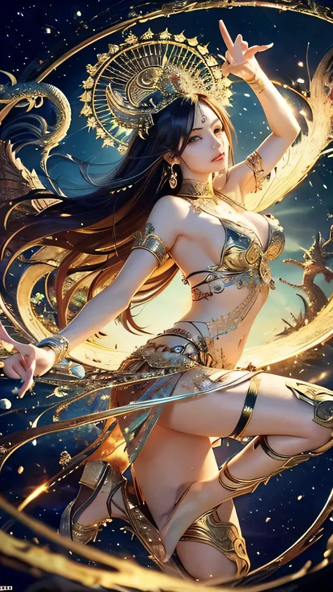 high resolution、very detailed、8k、、Beauty、The goddess、goddess、gorgeous costume、Gorgeous Ornament、belly dancer、Ashura Statue、Bisharon Day、 Demon King、 The extremely fantastic 、Spiritual World、Buddhism、Esoteric Buddhism、Mandala Background 、Zazen、high leg、T-ba...